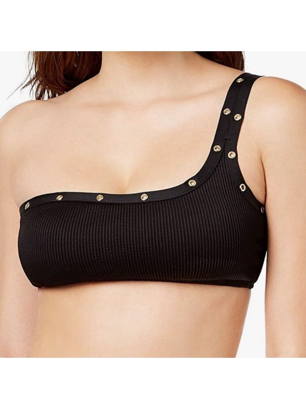 NWT Bar III Black Ribbed Grommet One Shoulder Bikini Swim Top